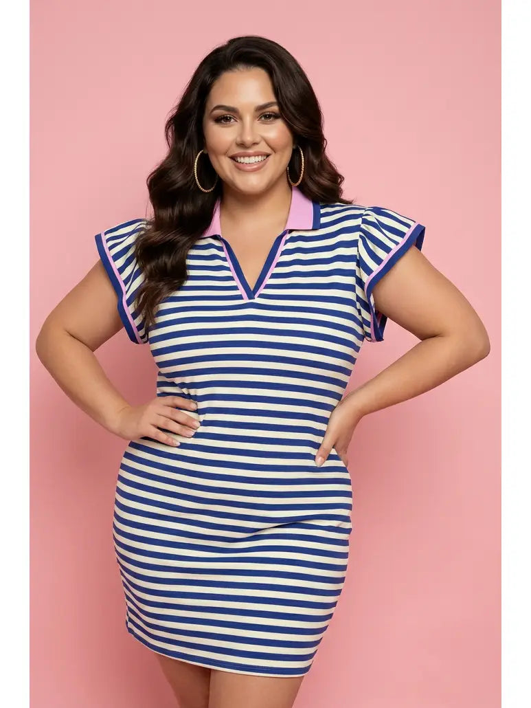 Striped Pink and Blue V-Neck Dress