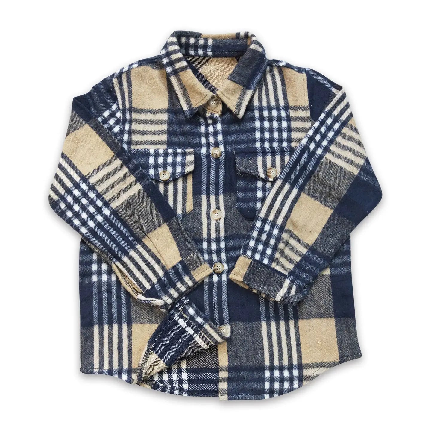 Navy Khaki Plaid Flannel Button Up Shirt