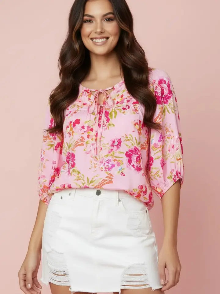 Floral Tie V- Neck Puff Sleeve