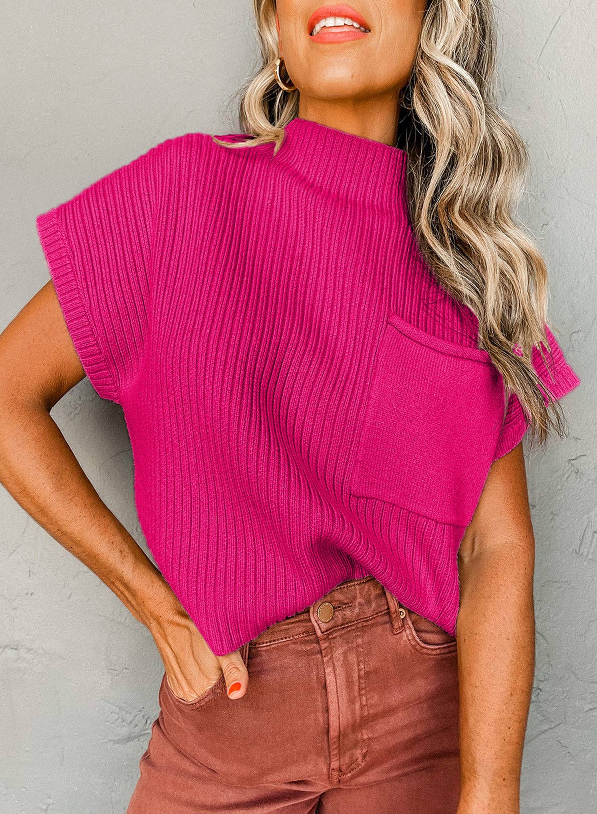 Patch Pocket Ribbed Knit Drop Shoulder Sweater Top