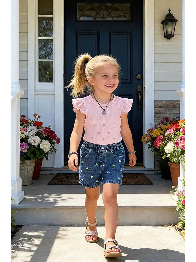 Rhinestone Top and Floral Embroidered Shorts