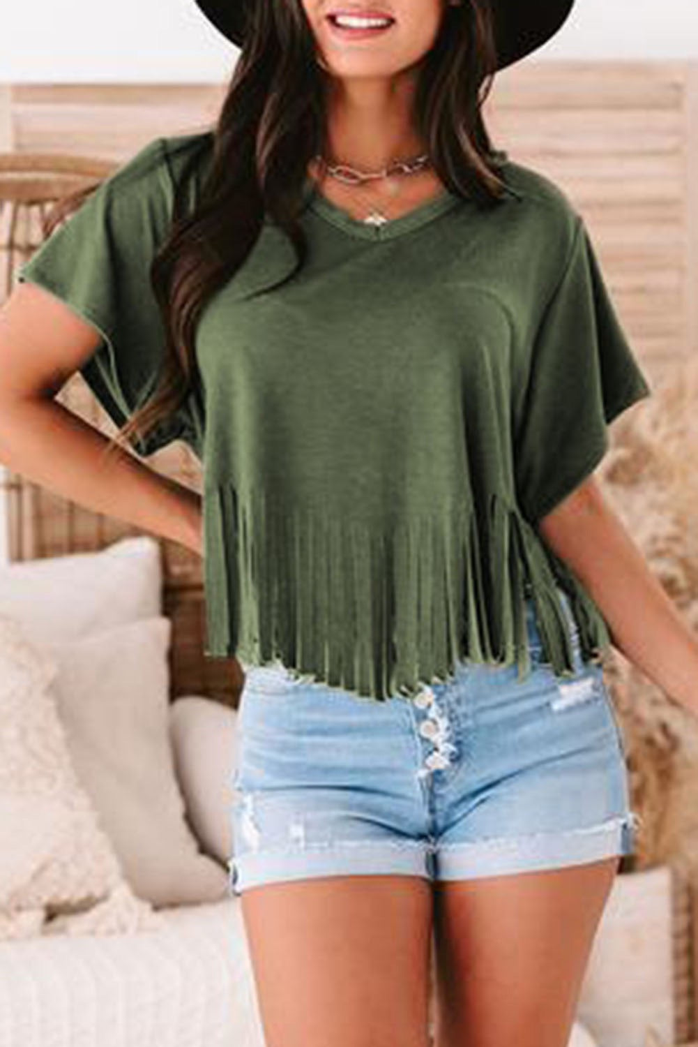 Fringe Hem V-Neck T-Shirt