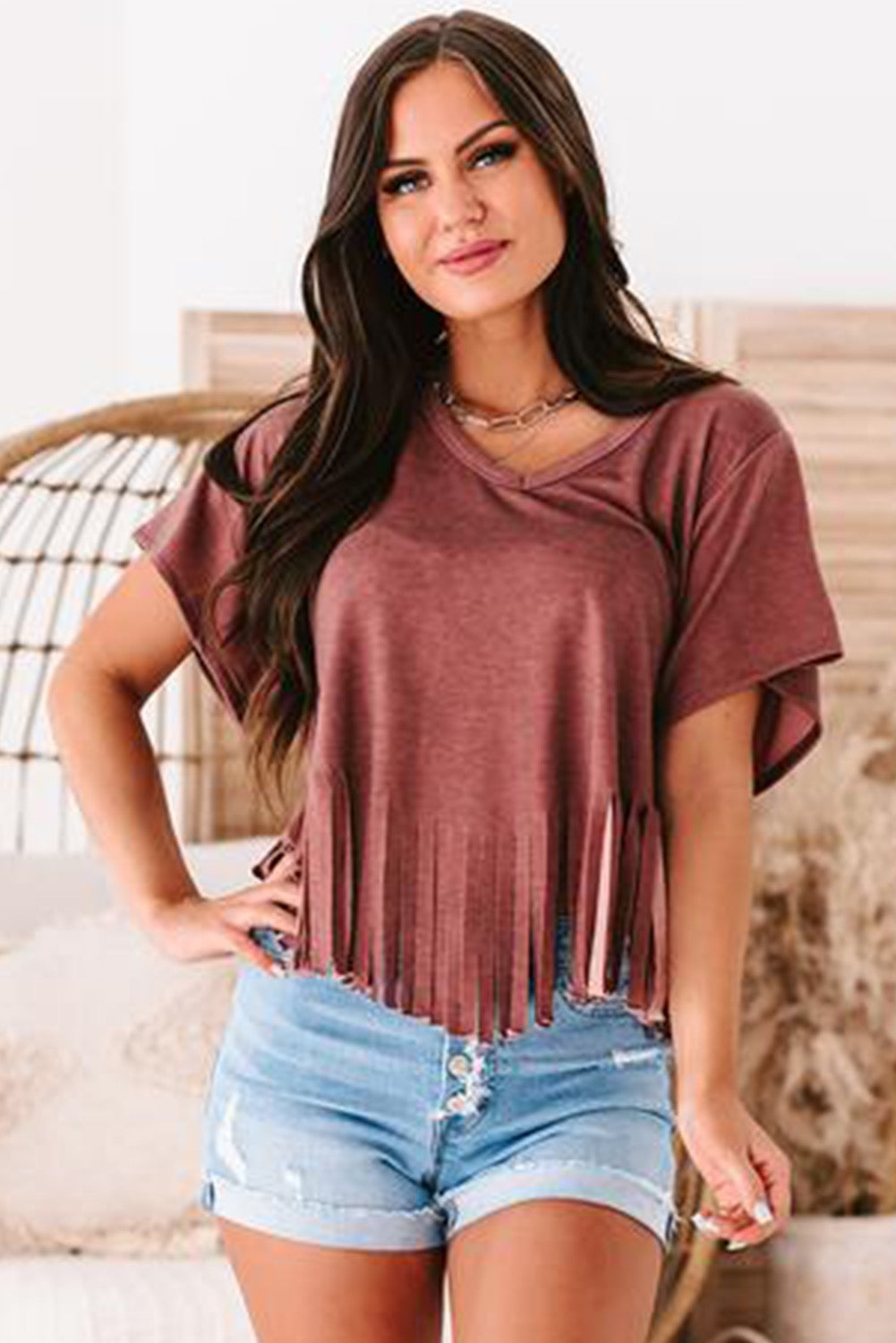 Fringe Hem V-Neck T-Shirt