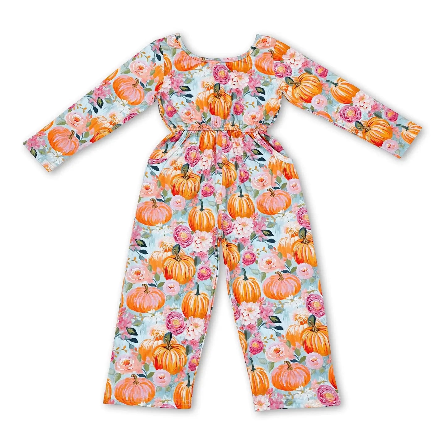 Long Sleeves Pumpkin Floral Pocket Jumpsuit