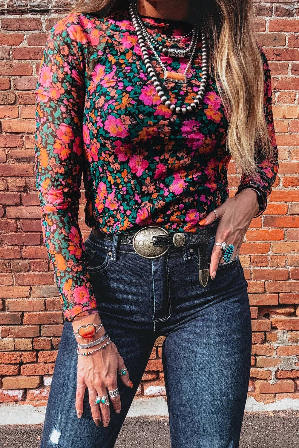 Mesh Floral Long Sleeve Top