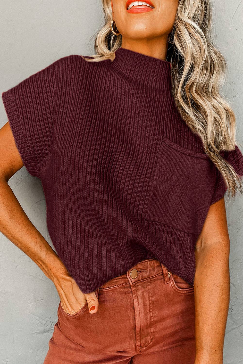 Patch Pocket Ribbed Knit Drop Shoulder Sweater Top