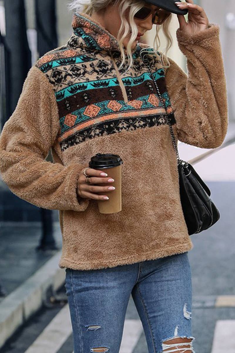 HALF ZIP UP AZTEC FLEECE PULLOVER