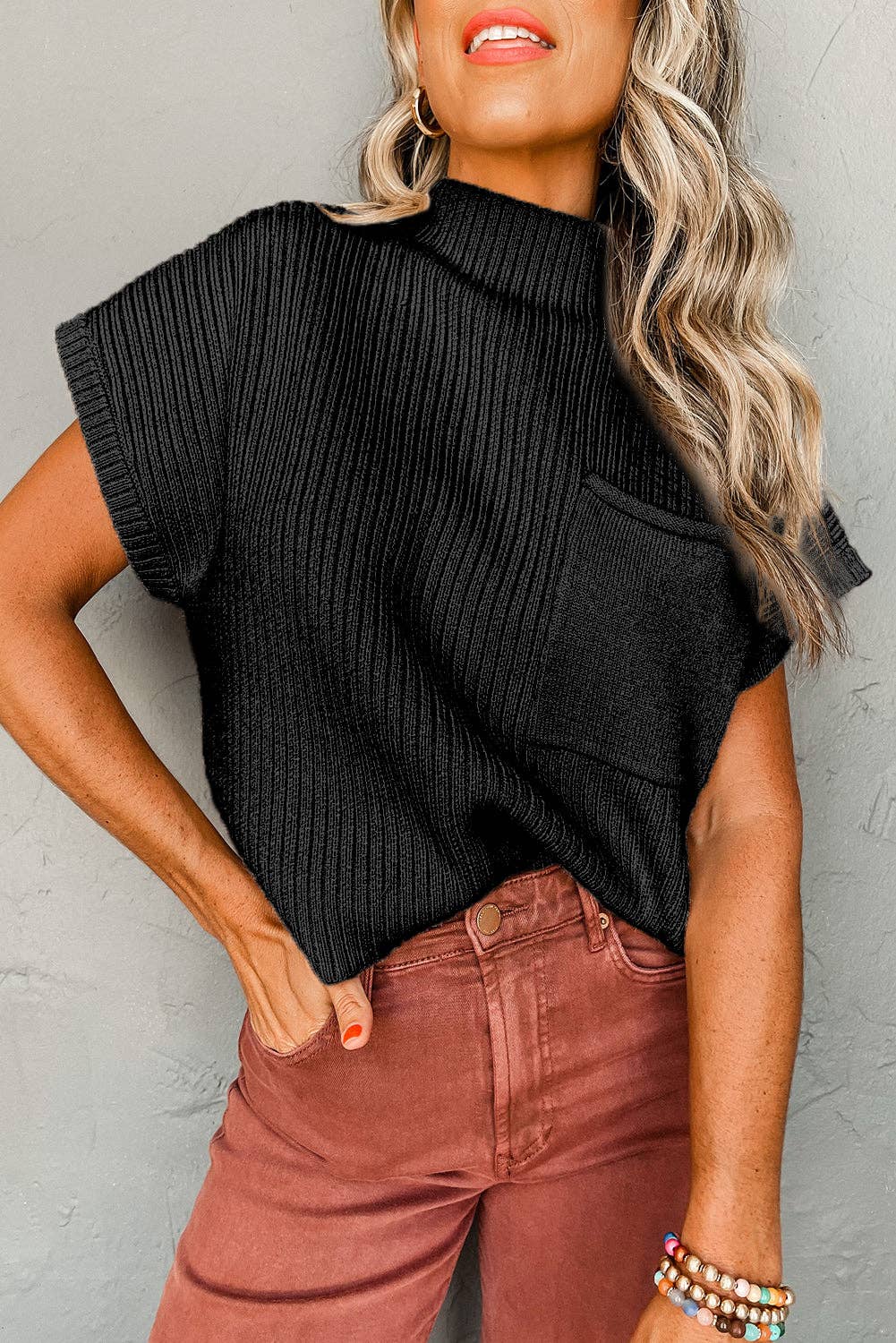 Patch Pocket Ribbed Knit Drop Shoulder Sweater Top