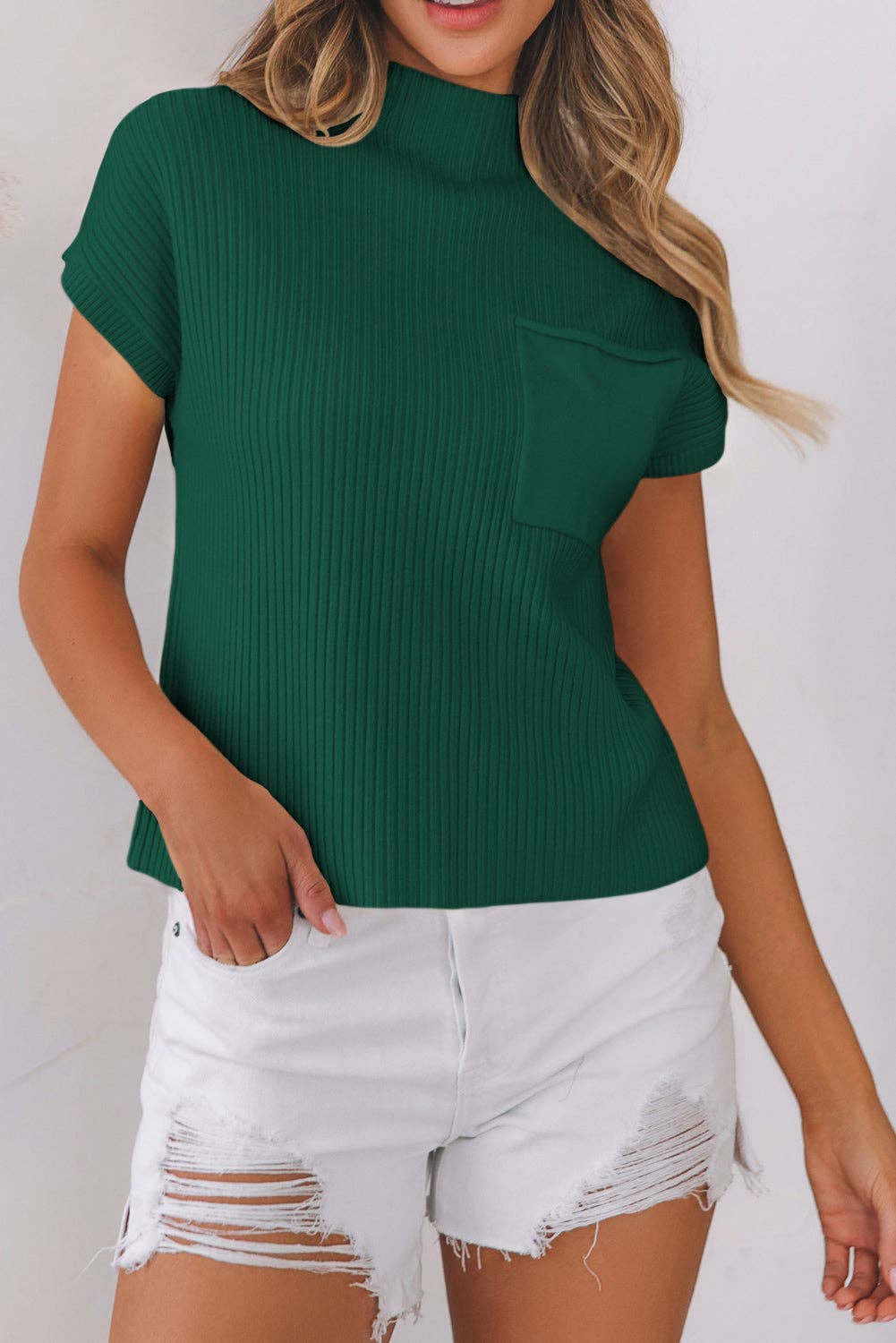 Patch Pocket Ribbed Knit Drop Shoulder Sweater Top