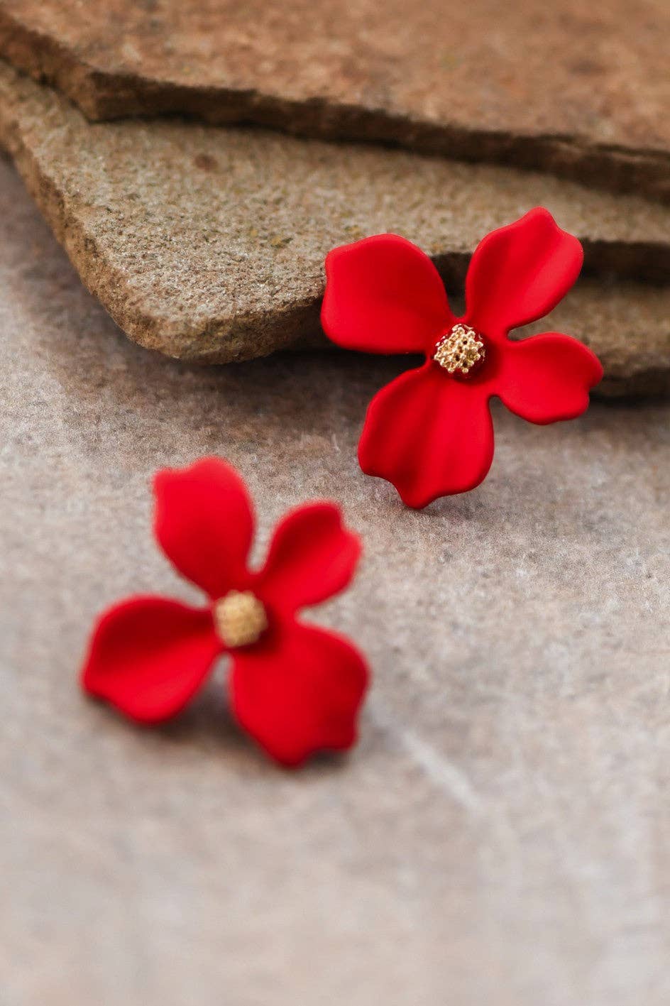 Red Painted Metal Flower Stud Earrings