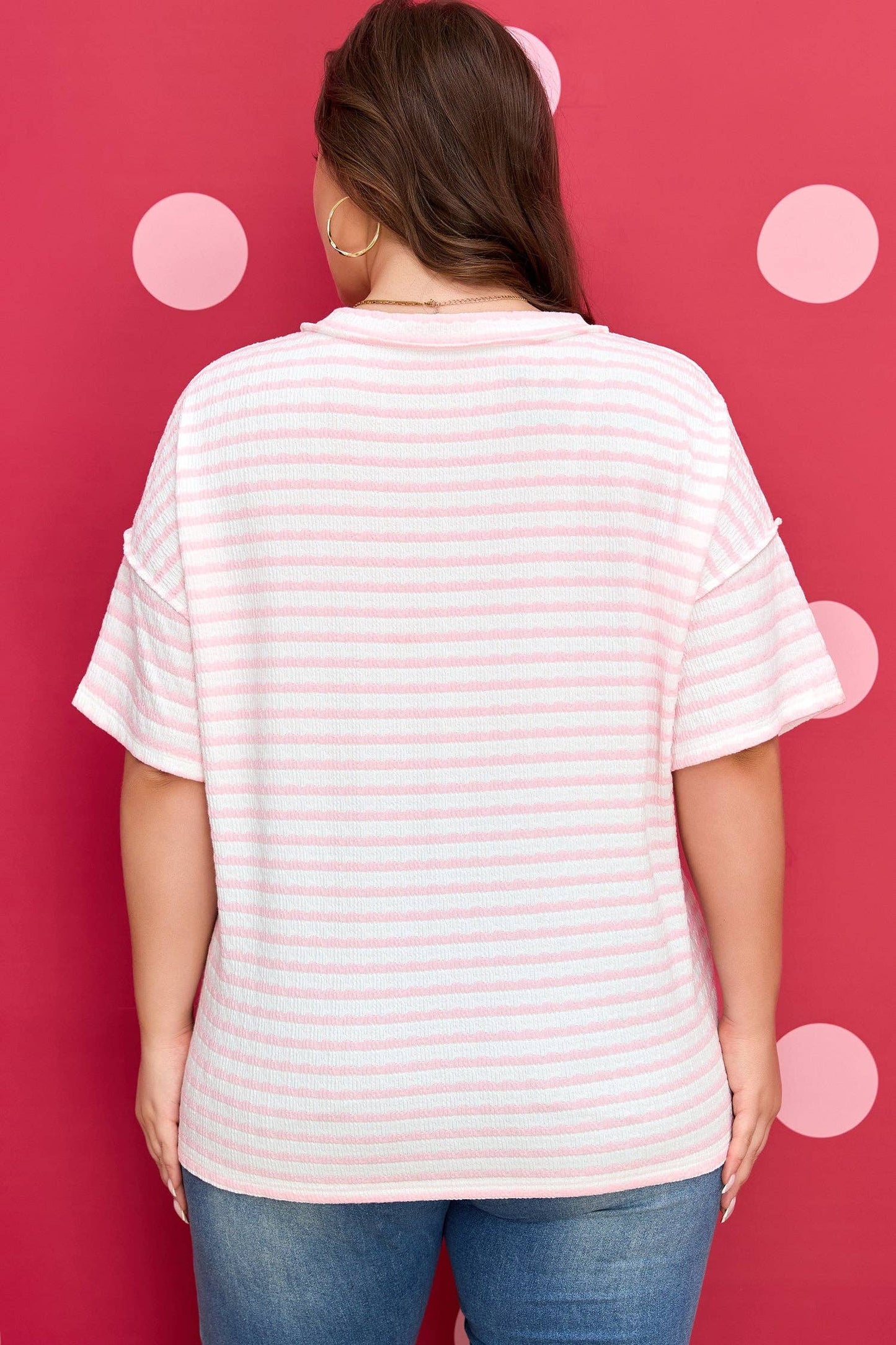 Pink Stripe Plus Size V Neck