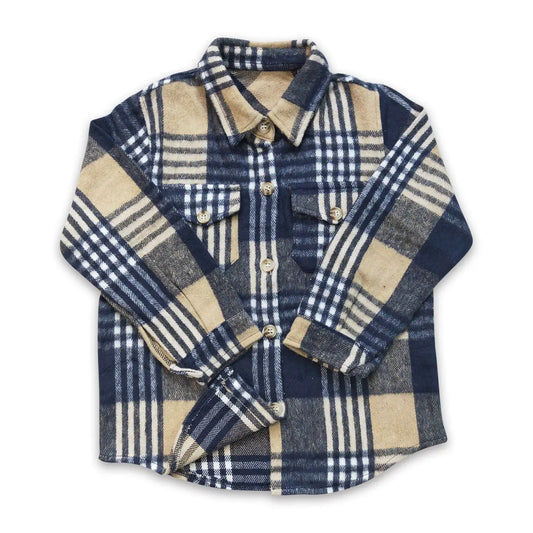 Navy Khaki Plaid Flannel Button Up Shirt