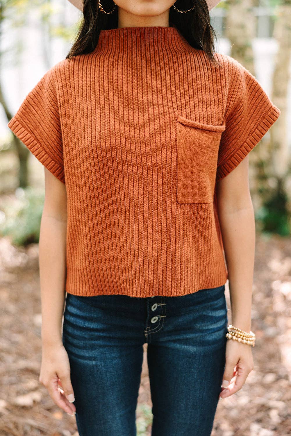 Patch Pocket Ribbed Knit Drop Shoulder Sweater Top