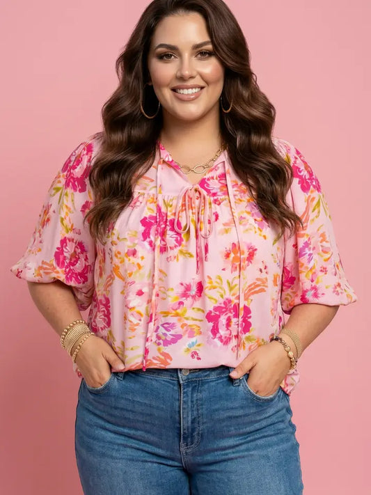 Floral Tie V- Neck Puff Sleeve