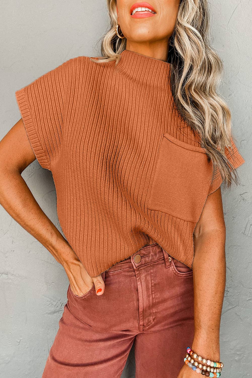 Patch Pocket Ribbed Knit Drop Shoulder Sweater Top