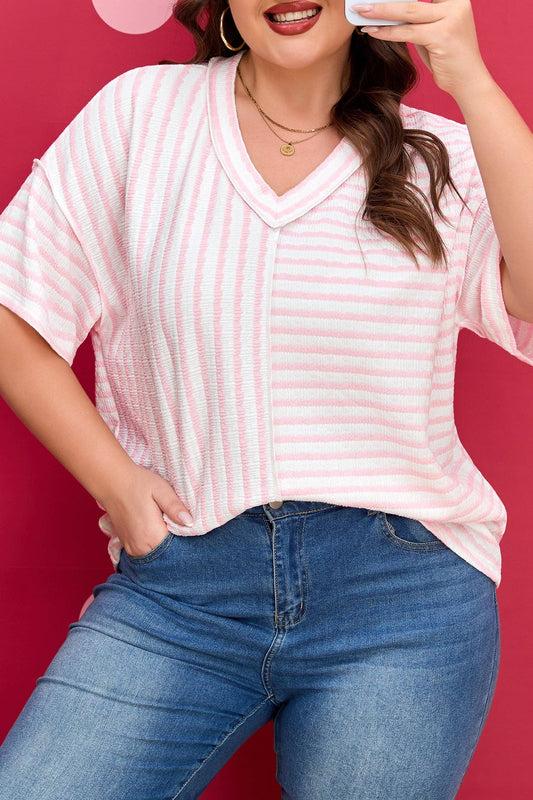 Pink Stripe Plus Size V Neck