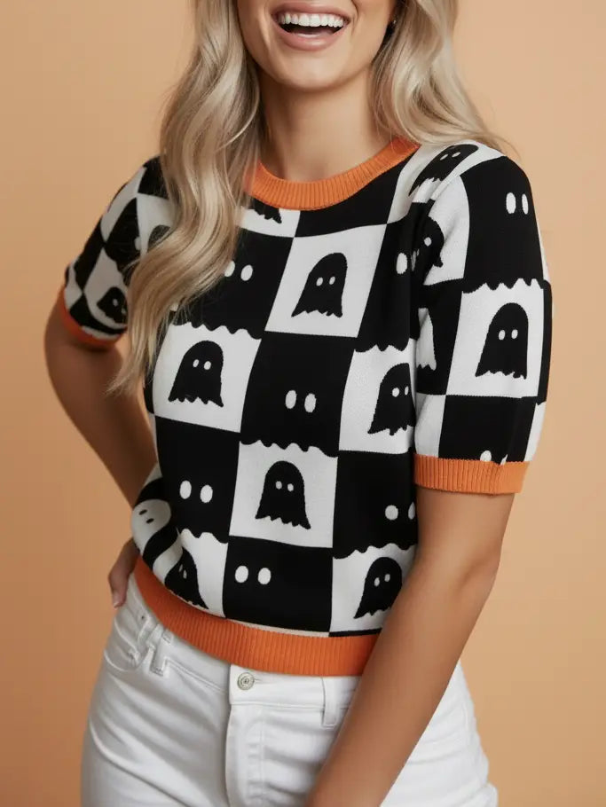 Halloween Ghost Checker Short Sleeve Knit Top