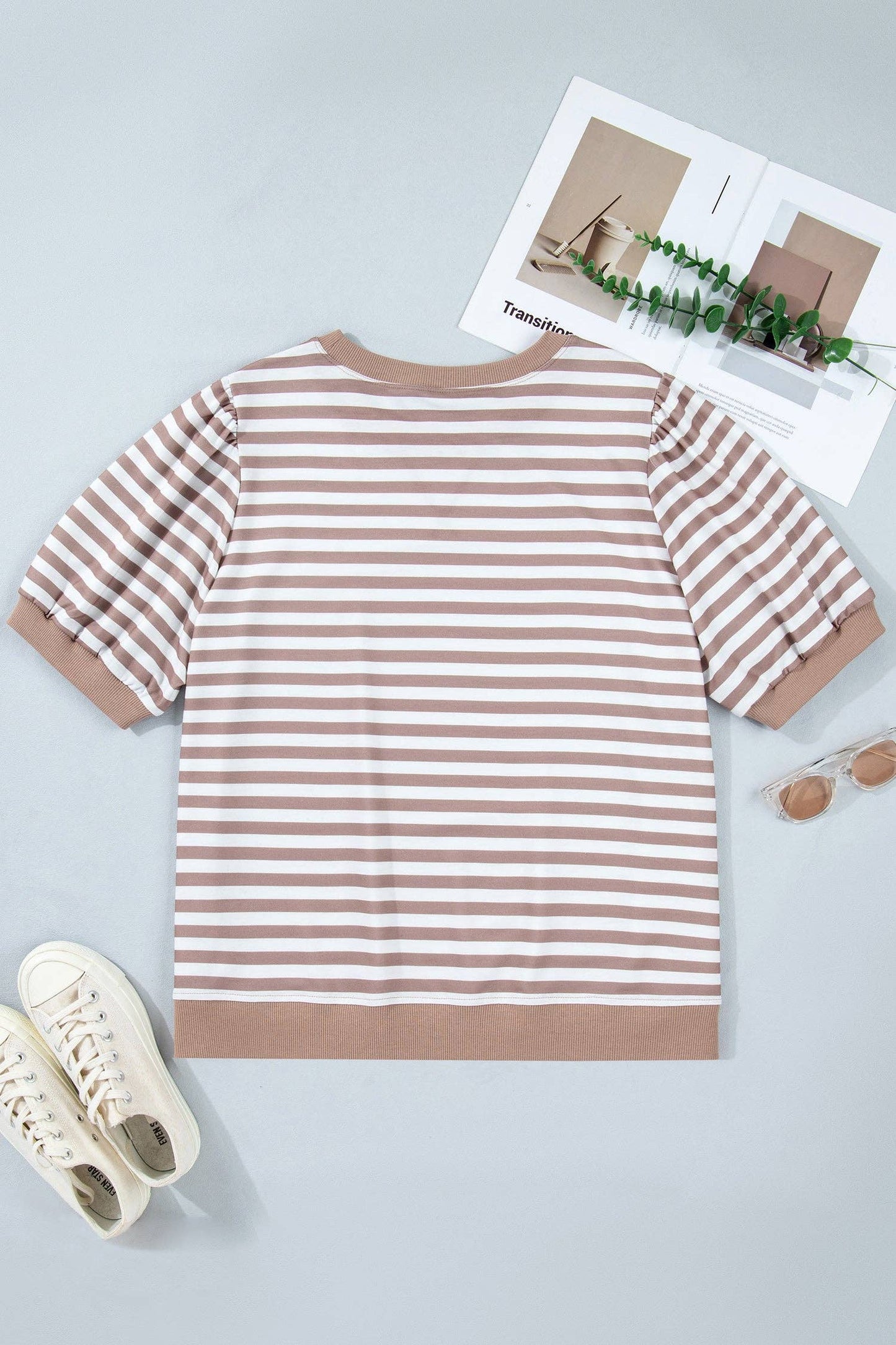 Stripe Ribbed Round Neck Short Puff Sleeve