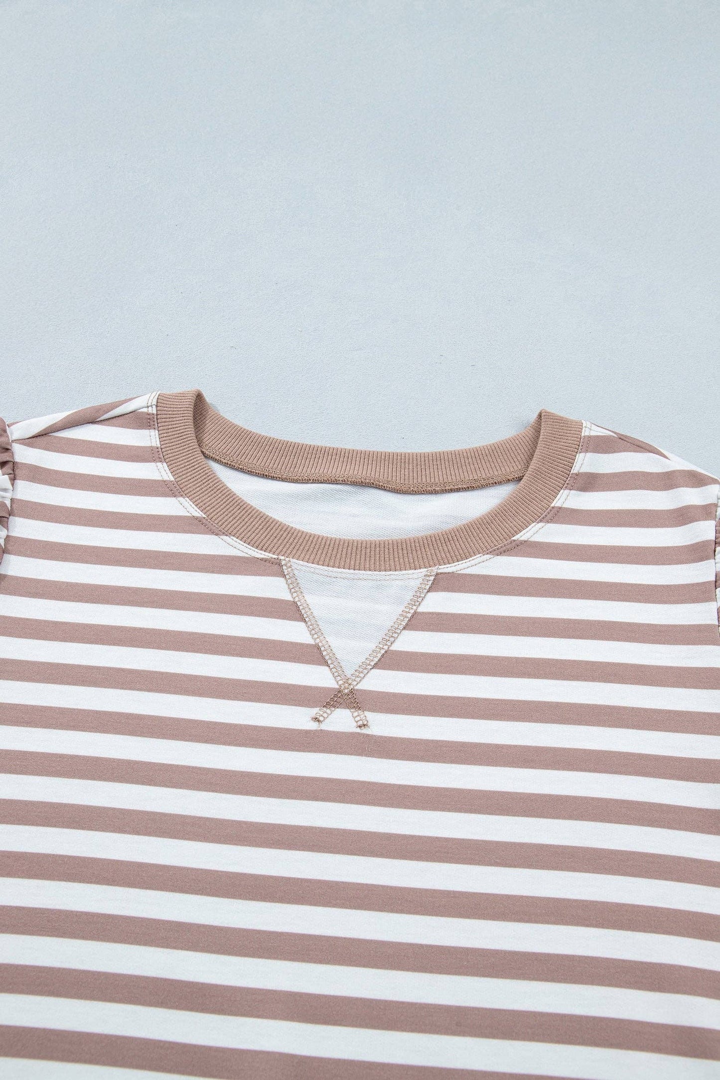 Stripe Ribbed Round Neck Short Puff Sleeve