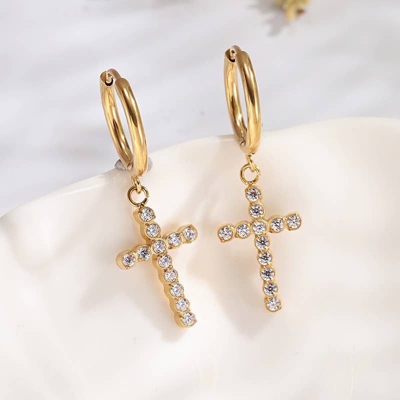 DANGLE CROSS HOOP EARRING