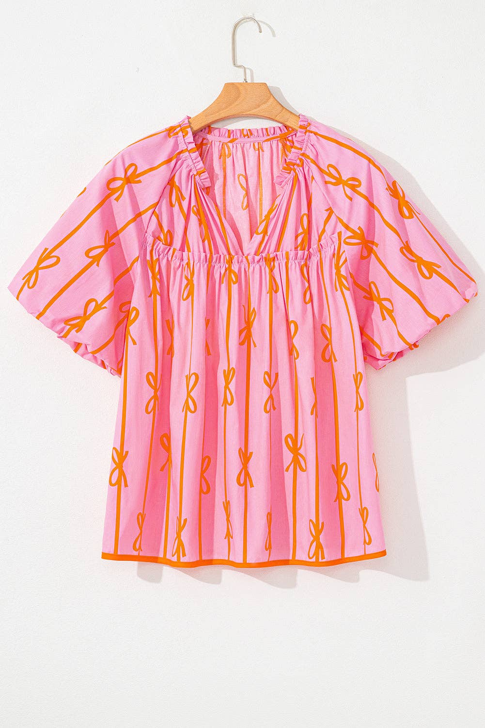 Rose Bowknot Print Shirred V Neck Puff Sleeve Blouse