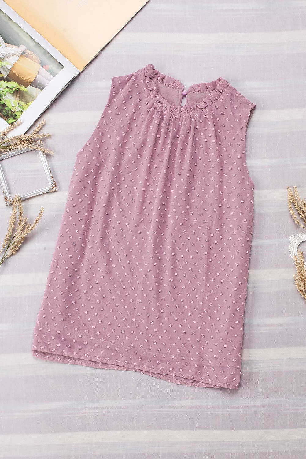 Swiss Dot Sleeveless Ruffle Tank