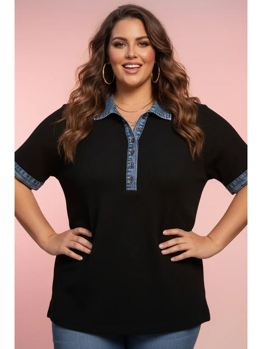 Waffle Knit Top Chambray Patchwork