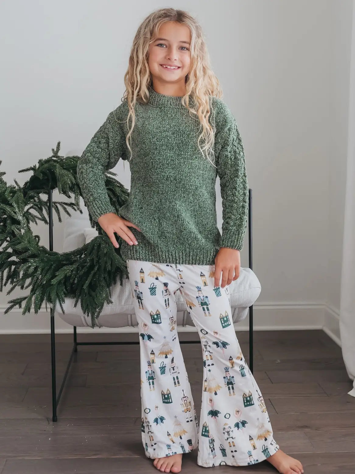 Green Chenille Sweater & Nutcracker Bell Pant Set