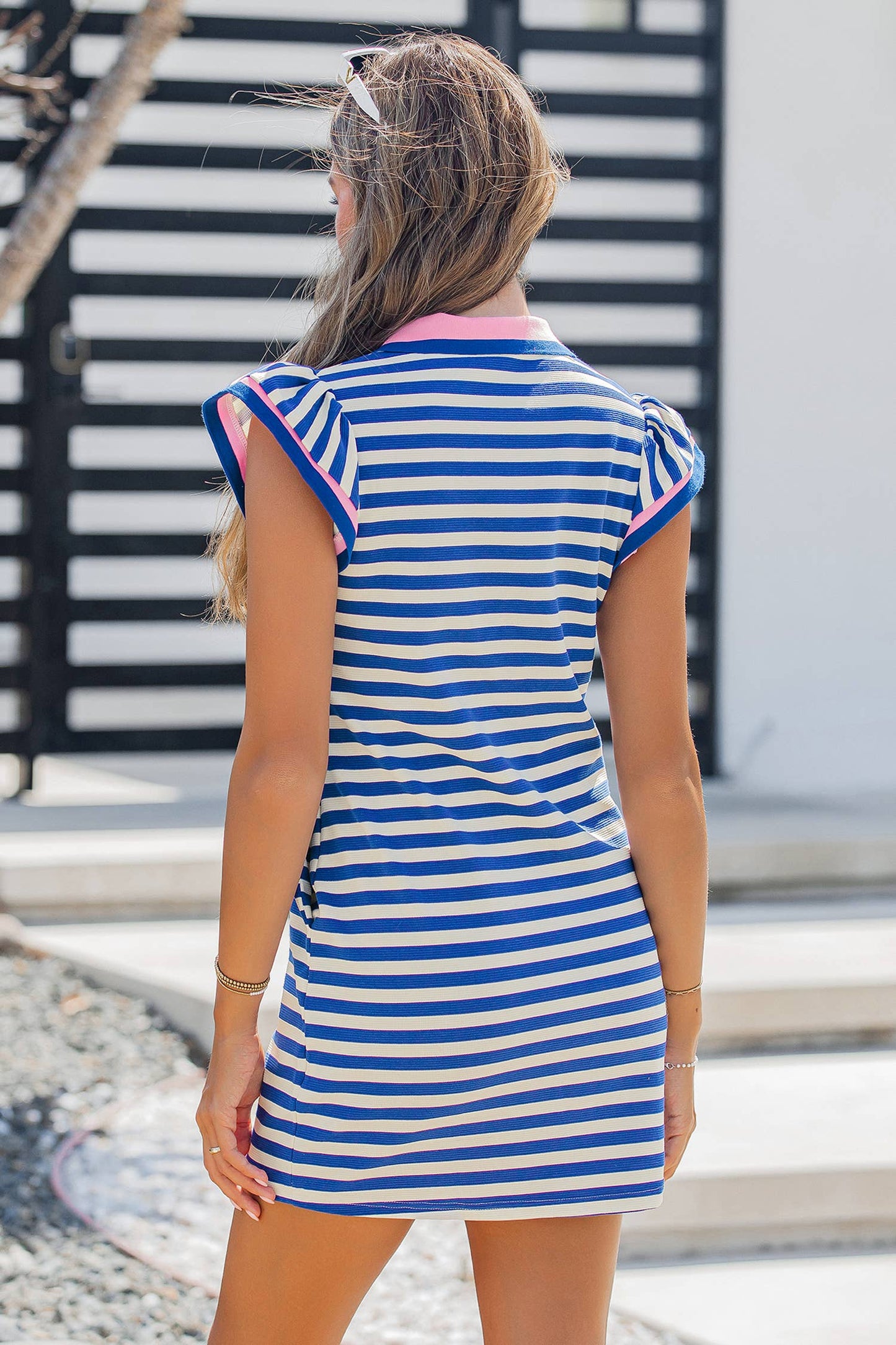 Striped Pink and Blue V-Neck Dress