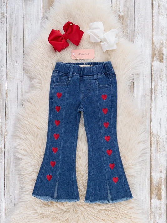 Heart Embroidered Bell Bottoms