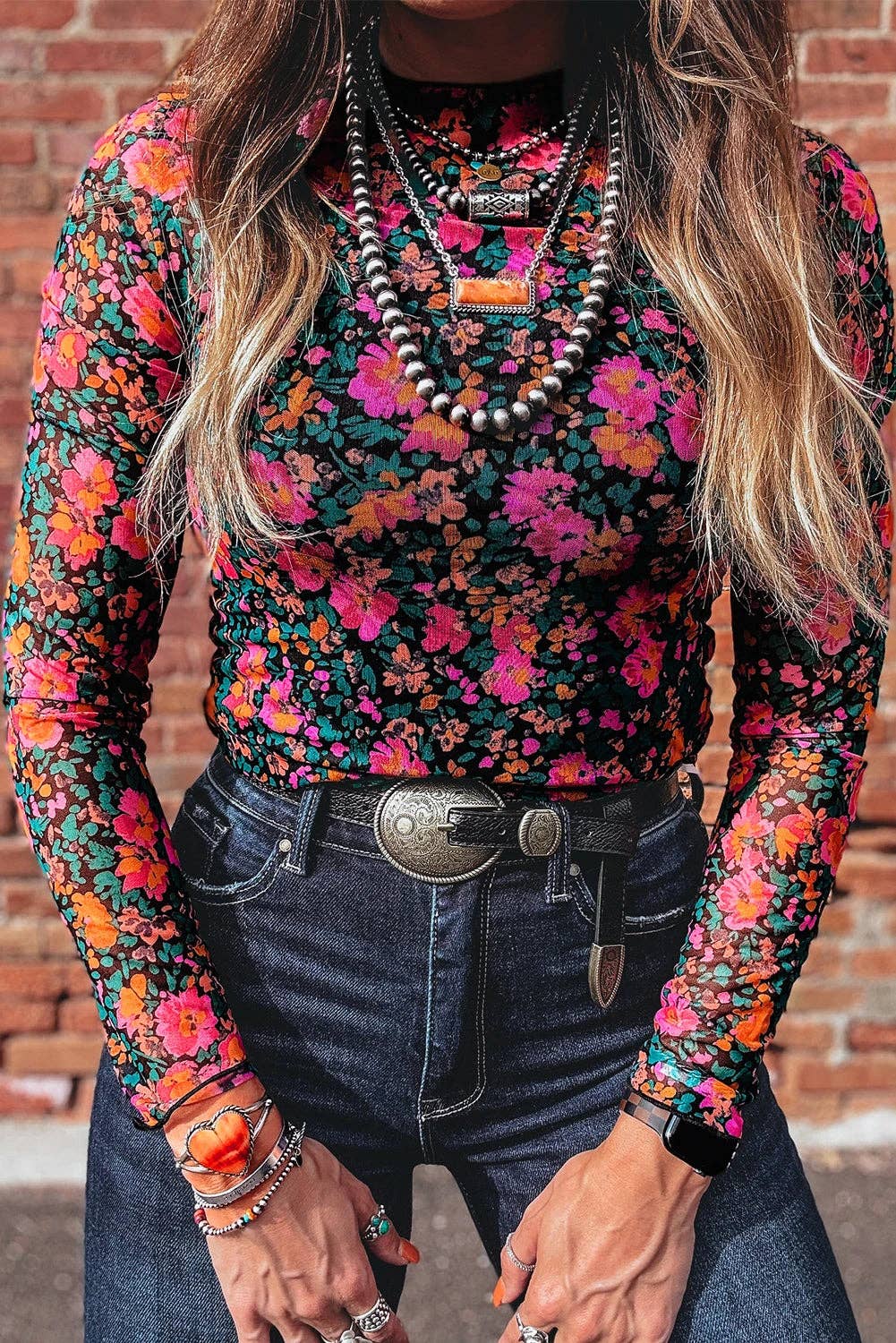 Mesh Floral Long Sleeve Top