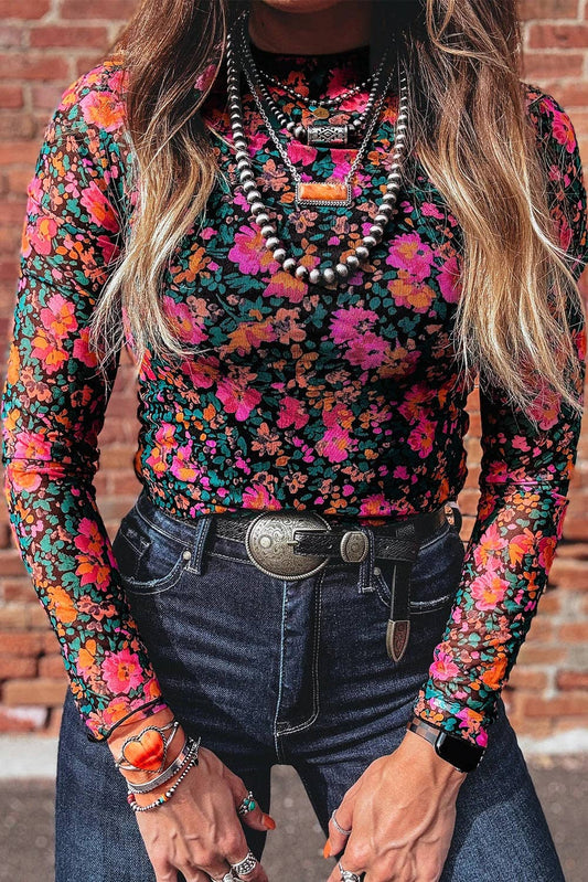 Mesh Floral Long Sleeve Top