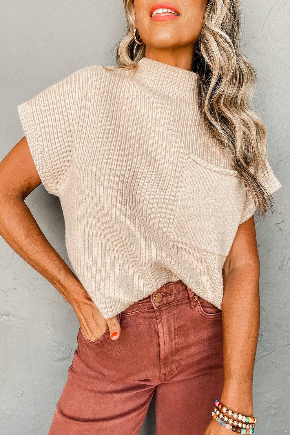 Patch Pocket Ribbed Knit Drop Shoulder Sweater Top