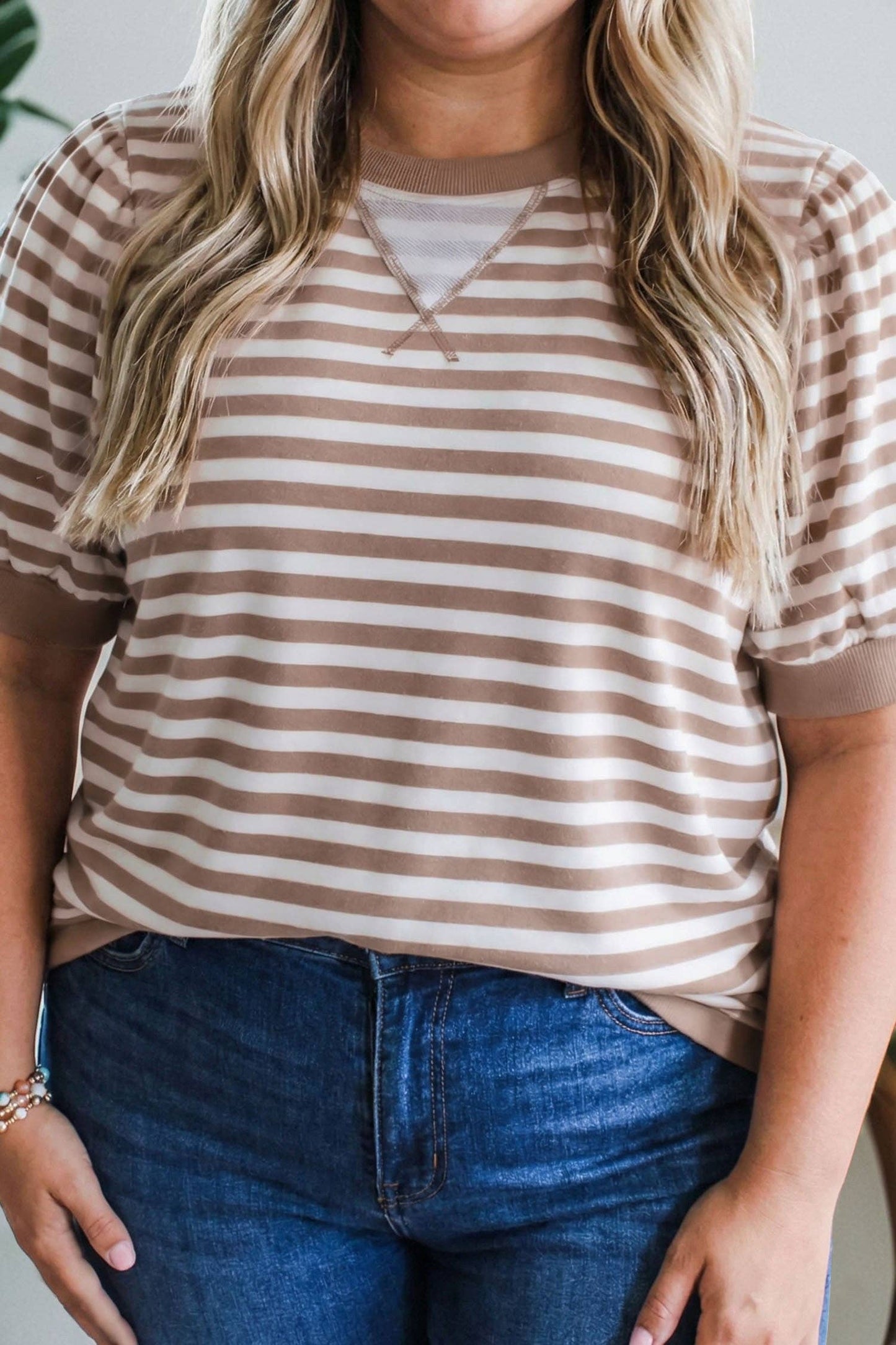 Stripe Ribbed Round Neck Short Puff Sleeve