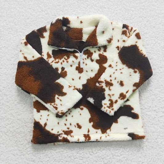 Brown Cow Print 3/4 ZIp Sweatshirt