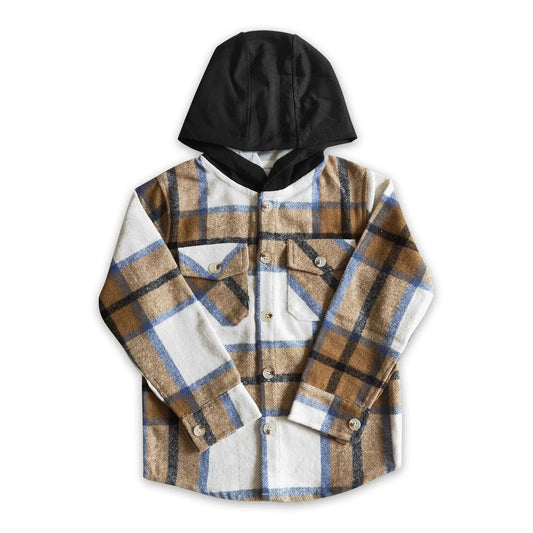 Khaki Plaid Flannel Button Up W/ Hoodie