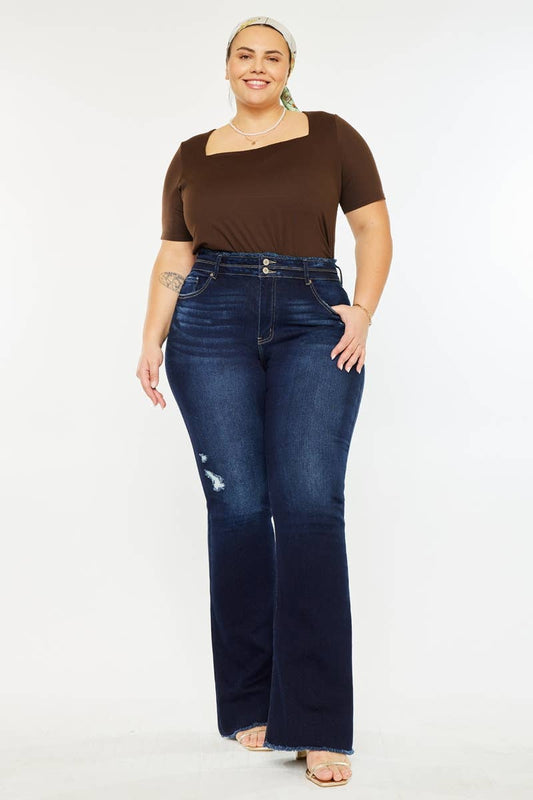 HIGHRISE DOUBLE WB DETAIL FRAY HEM FLARE JEAN