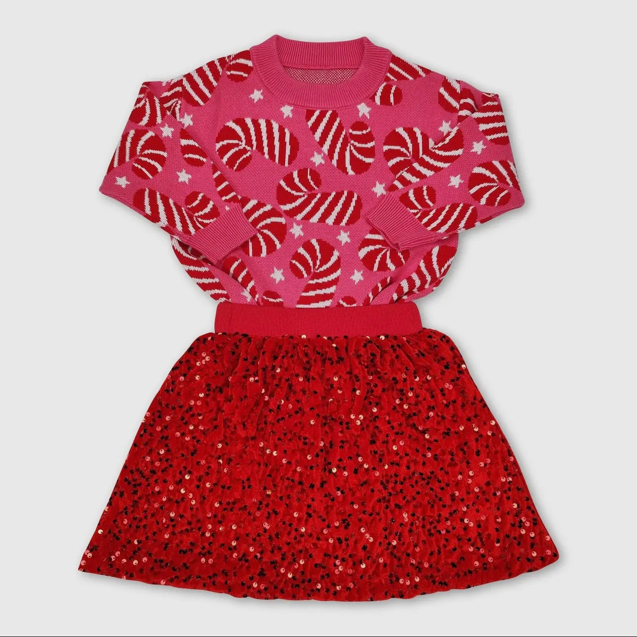 Pink Candy Cane Sweater w/ Red Sequin Skirt