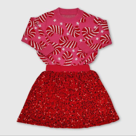 Pink Candy Cane Sweater w/ Red Sequin Skirt