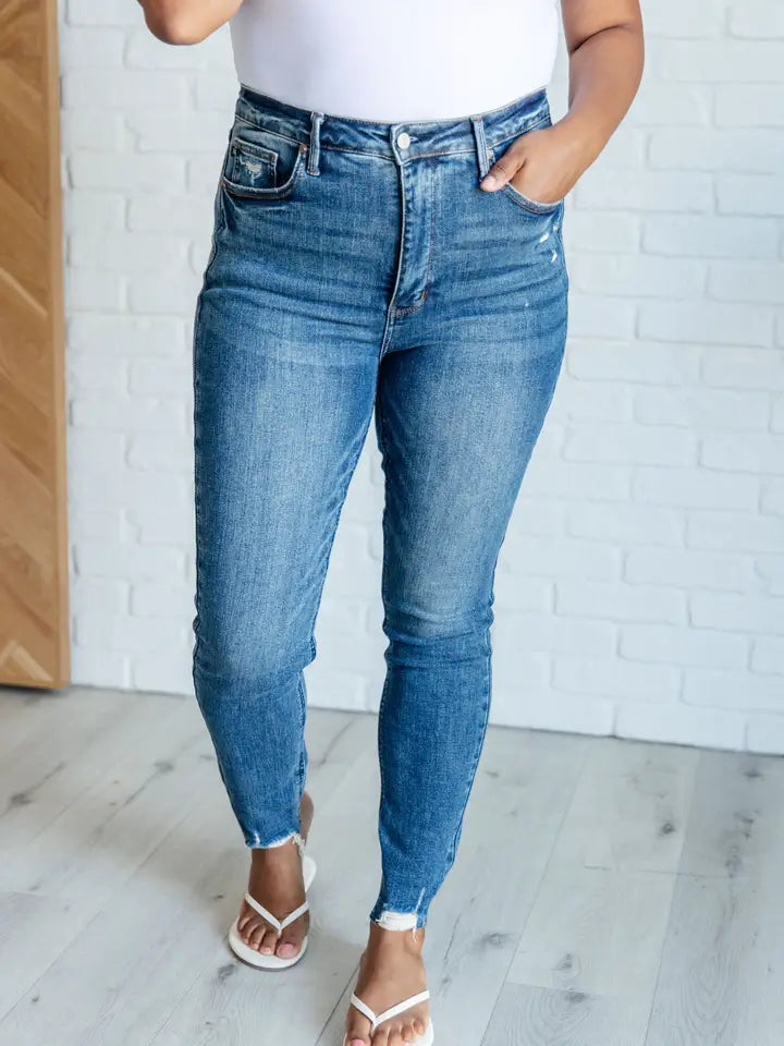 Judy Blue High Rise Control Top Distressed Hem Skinny Jeans