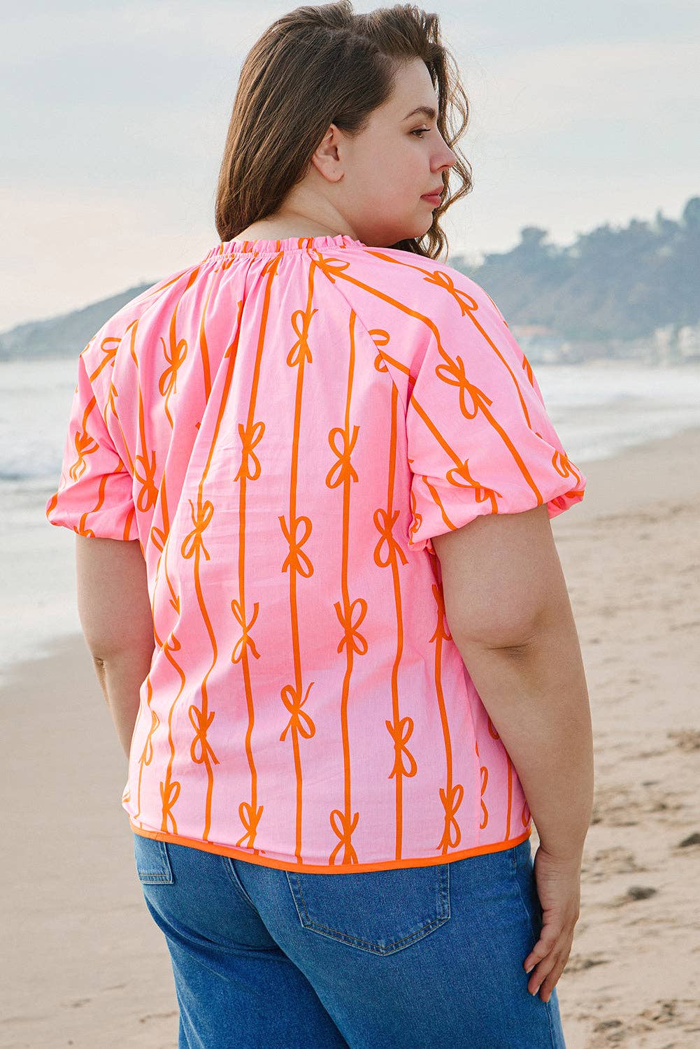 Rose Bowknot Print Shirred V Neck Puff Sleeve Blouse