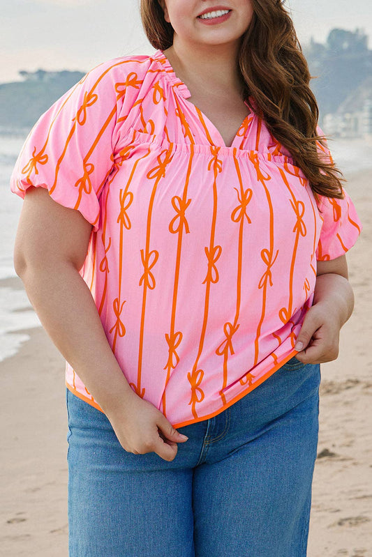 Rose Bowknot Print Shirred V Neck Puff Sleeve Blouse