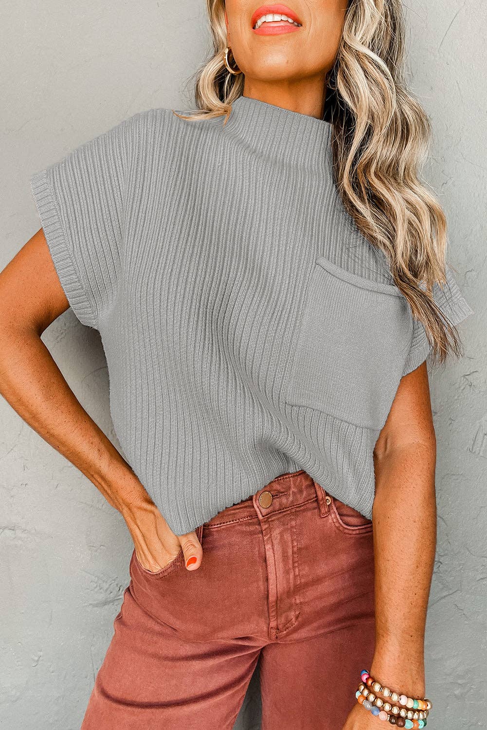 Patch Pocket Ribbed Knit Drop Shoulder Sweater Top
