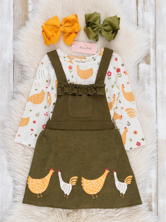 Olive Corduroy Chickens Skirtall Set