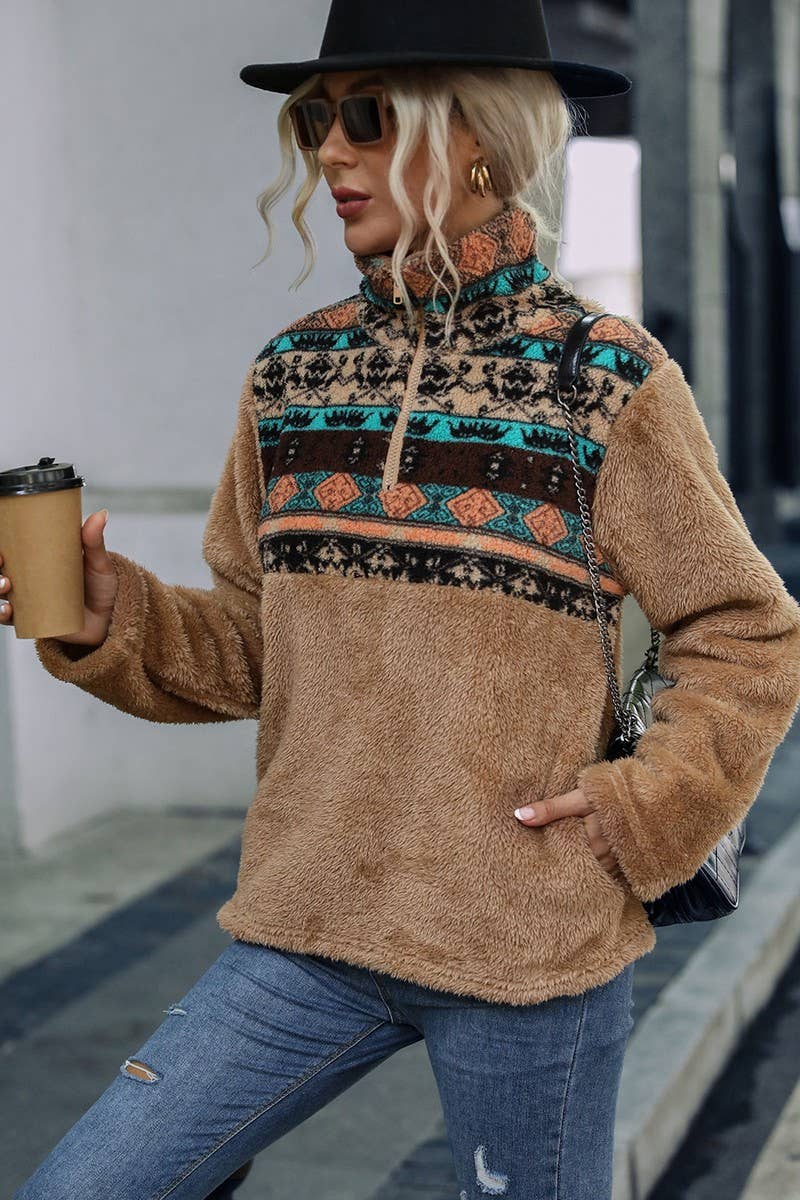 HALF ZIP UP AZTEC FLEECE PULLOVER