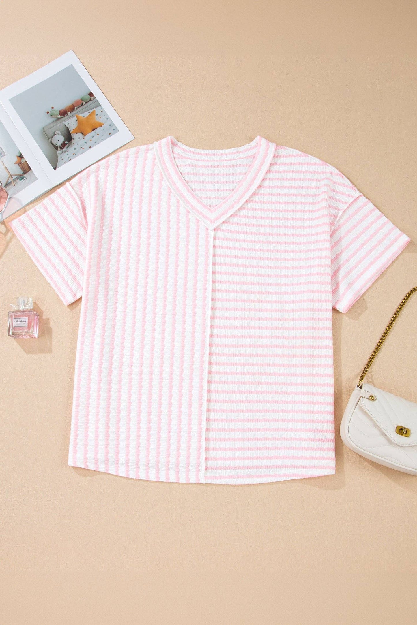 Pink Stripe Plus Size V Neck