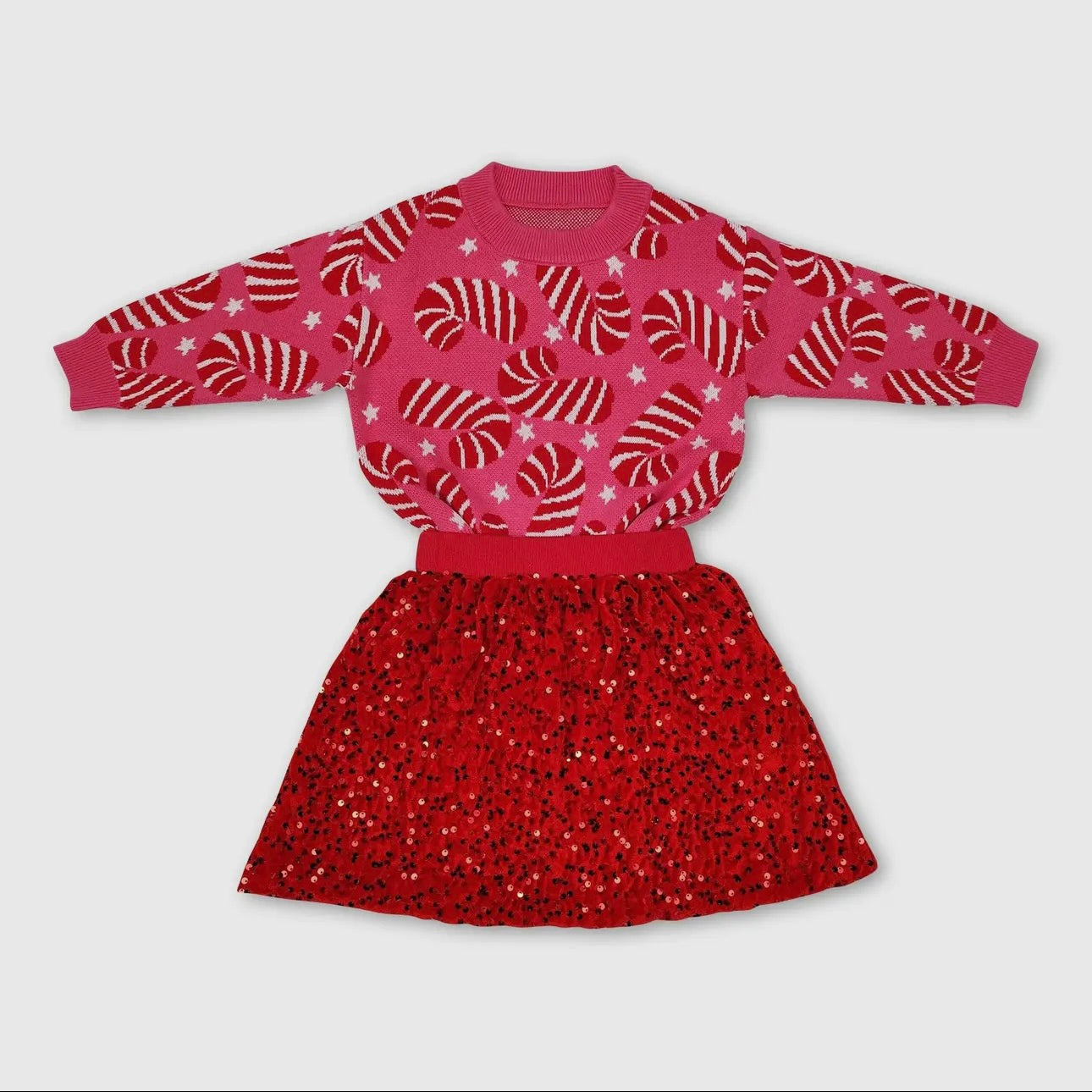 Pink Candy Cane Sweater w/ Red Sequin Skirt