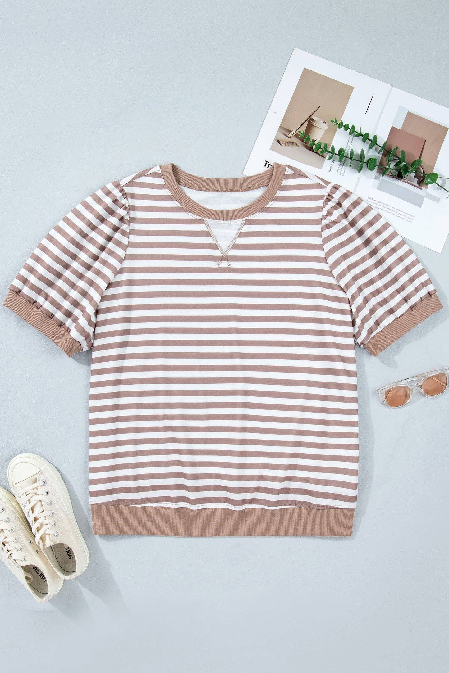 Stripe Ribbed Round Neck Short Puff Sleeve