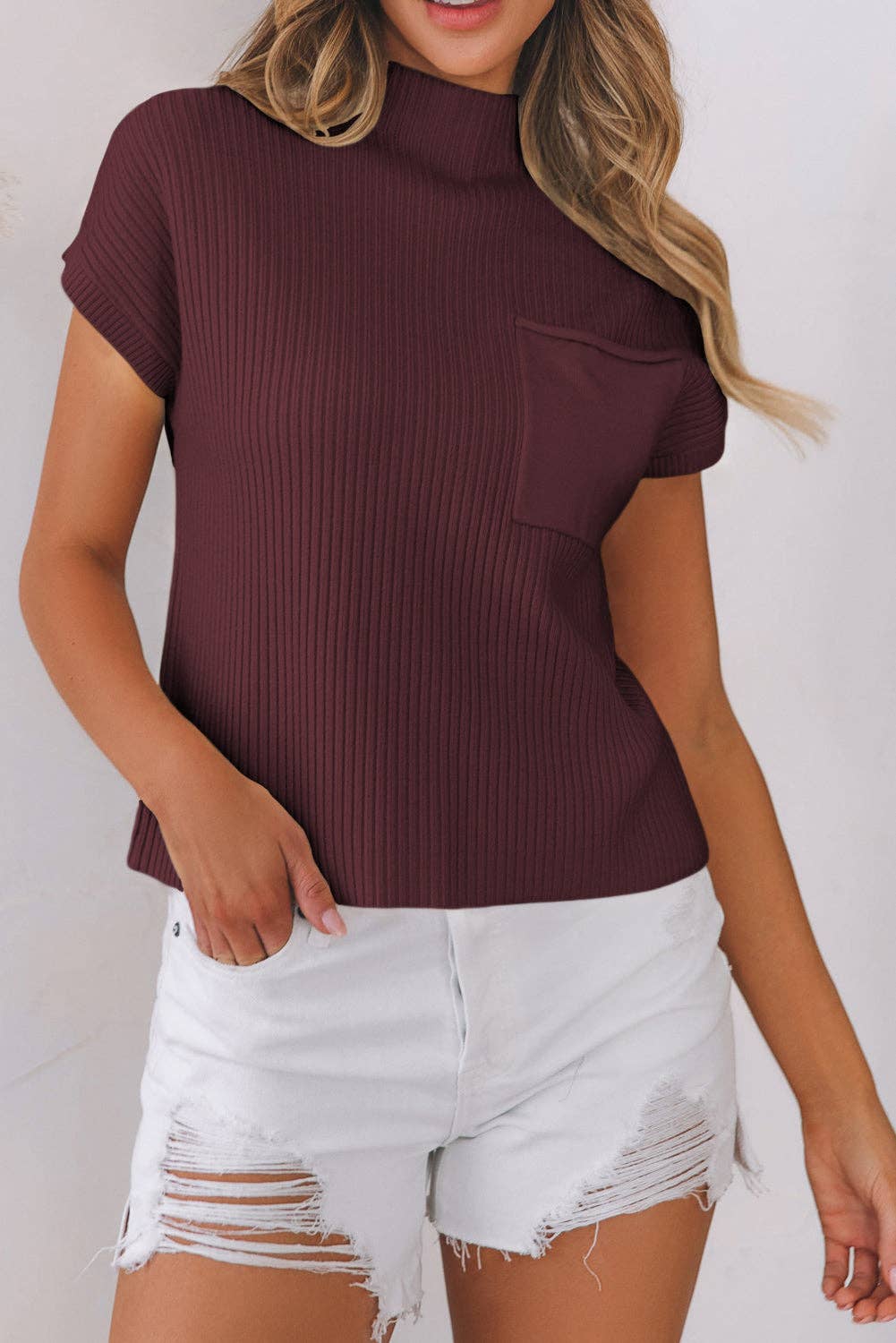 Patch Pocket Ribbed Knit Drop Shoulder Sweater Top