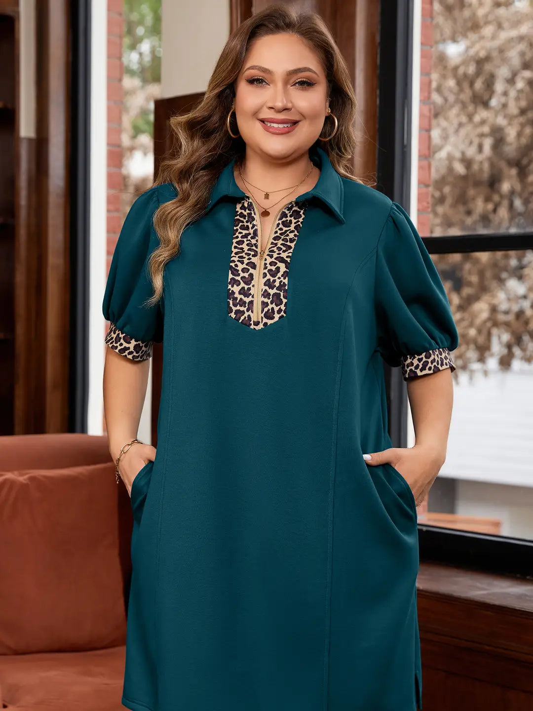 Teal Dress with Leopard Patchwork